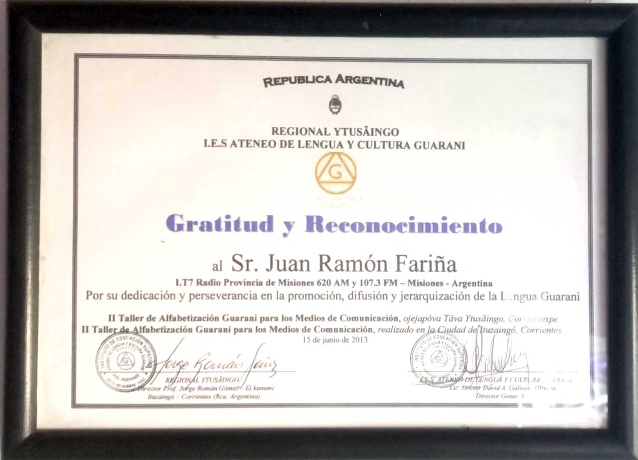 Gratitud y Reconocimiento al Sr. Juan Ramón Fariña